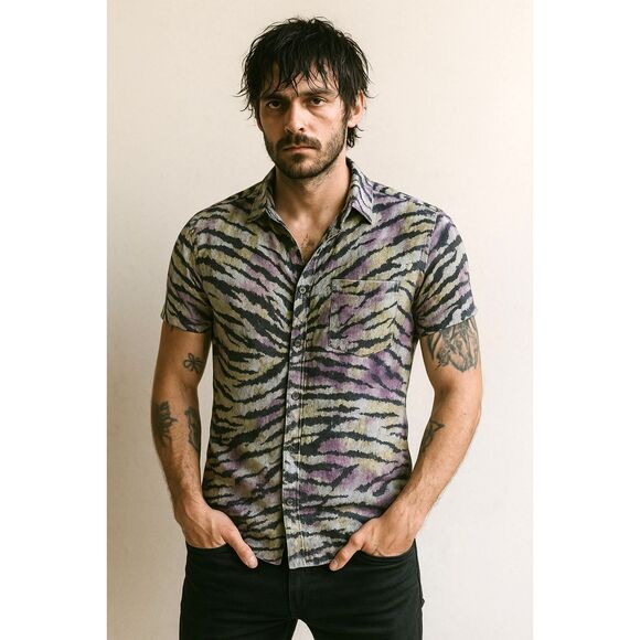 ALLSAINTS Black White Tiger Stripe Tie Dye Kahna Button Up Shirt Mens Size Small - Picture 1 of 12